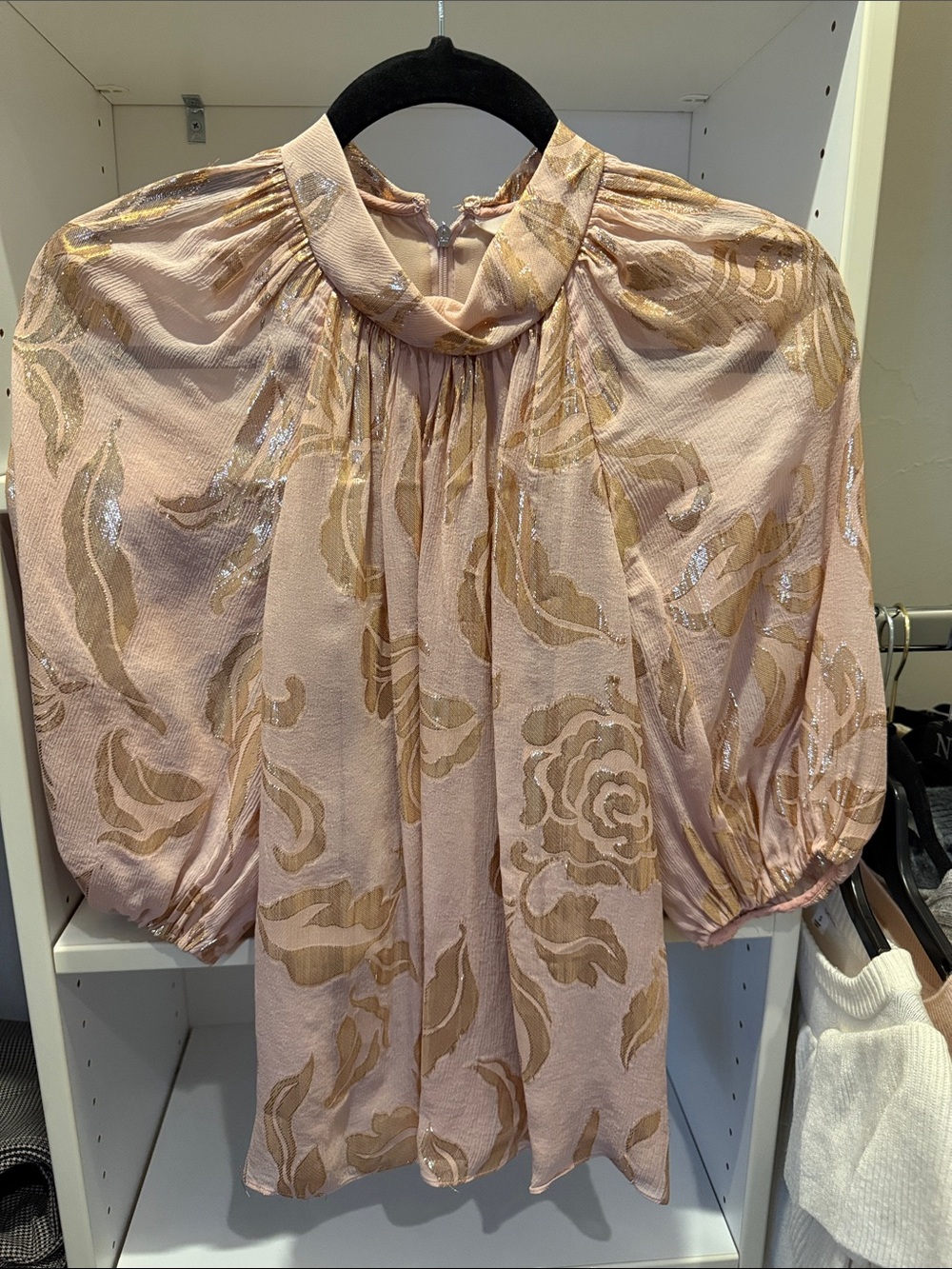 Rebecca Taylor Pink Metallic Floral Puff-Sleeve Blouse